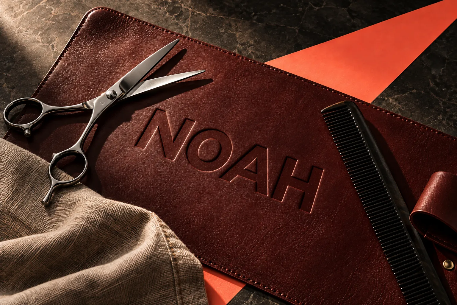 Vizual conceptual NOAH cu foarfecă, pieptene și suport din piele