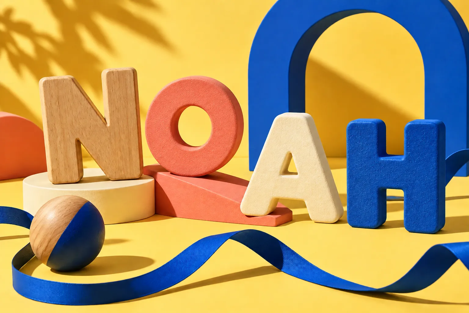 Vizual conceptual de joacă, cu literele NOAH și forme colorate